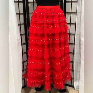 Beulah Style Red RUFFLED TULLE MAXI ROMANTIC BOHO CHIC SKIRT SIZE SMALL,